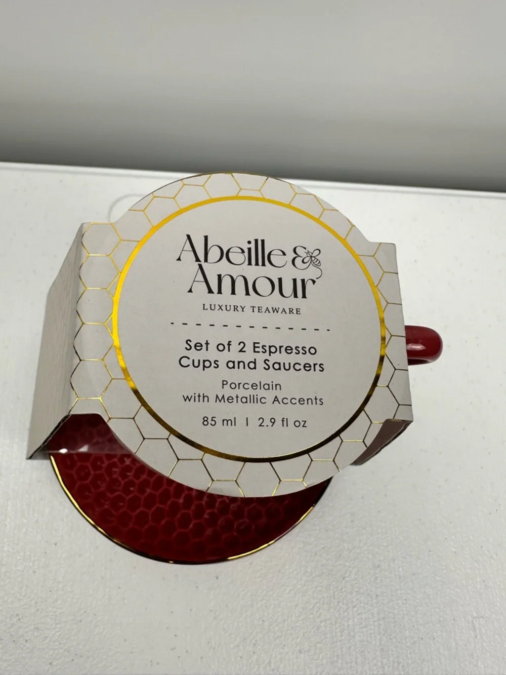 Abeille & Amour Luxury Teaware-Set of 2 Espresso Cups & Saucers - Red‎ Porcelain